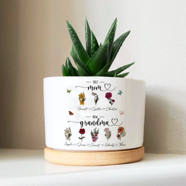 Personalized Mothers Day Planter Gift for Mom, Custom First Mom Now Grandma Plant Pot, Birth Flower Mothers Day Gift from Kids, Grandma Gift