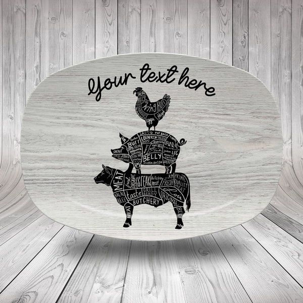 Personalized BBQ Grilling Platter Serving Tray, Father's Day BBQ Gifts, Grilling Plate, Gifts for Him, Butcher Cuts, Cow Pig Chicken