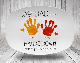 Custom Best Dad Hands Down Platter, Father's Day Gift, Personalized Handprint Plate, Custom Serving Platter For Dad