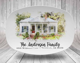 Custom Mother's Day Watercolor House Portrait Platter Gift For Mom & Grandma, Personalized Watercolor Plate, Housewarming First Home Gift