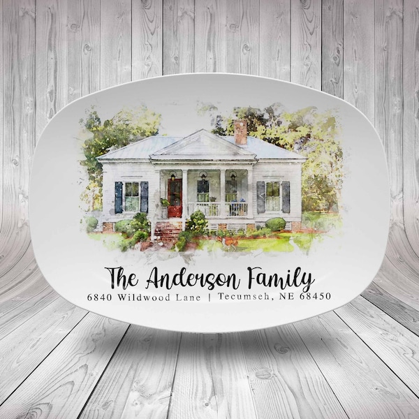 Custom Mother's Day Watercolor House Portrait Platter Gift For Mom & Grandma, Personalized Watercolor Plate, Housewarming First Home Gift