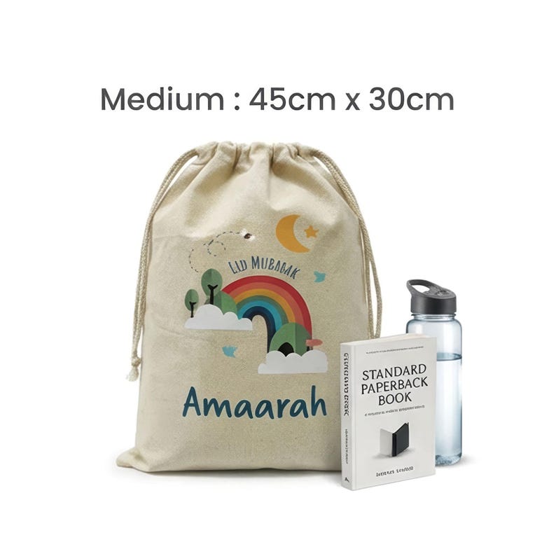 Personalised Eid Gift Sack | Rainbow & Trees Design Custom Name Present Bag Medium