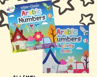 Op de afbeelding: Twee kinderactiviteitenboeken getiteld "wipe-Clean Arabic Numbers" en "Arabic Numbers Activity Book". De covers bevatten illustraties van huizen, auto's, bloemen en een raket. De boeken zijn bedoeld om Arabische cijfers te leren.