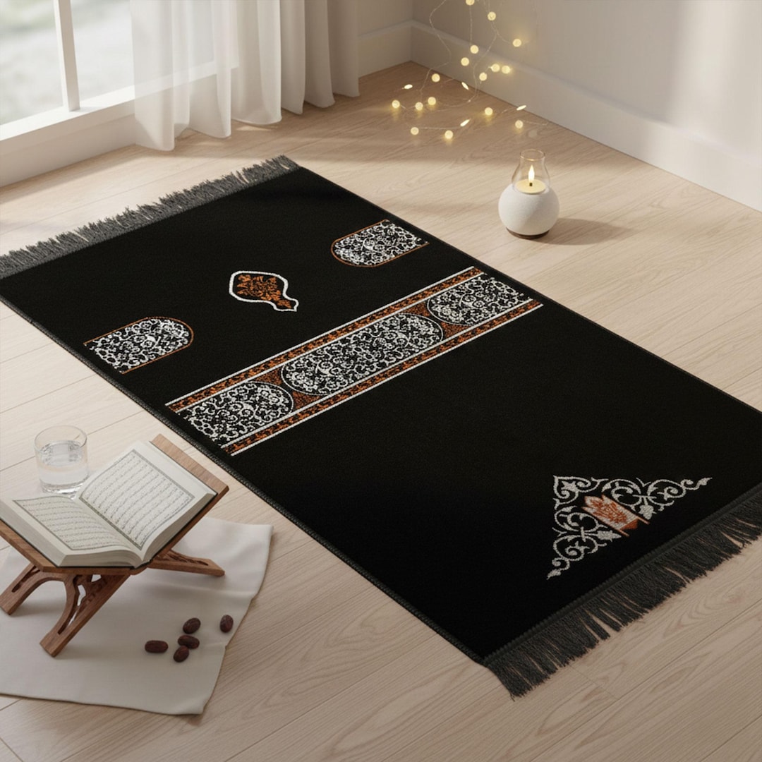 Traditional Kaaba Black Prayer Mat – Soft Cotton, Elegant Islamic