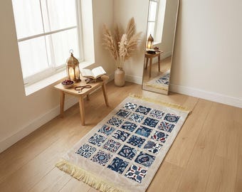 Grey & Blue Moroccan Tile Prayer Mat | MADA Carpets Luxury Salah Rug