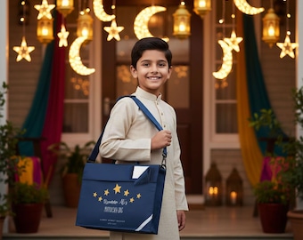 Personalised Madrasah Bag with Sparkling Stars – Custom Islamic School & Mosque Book Bag for Children