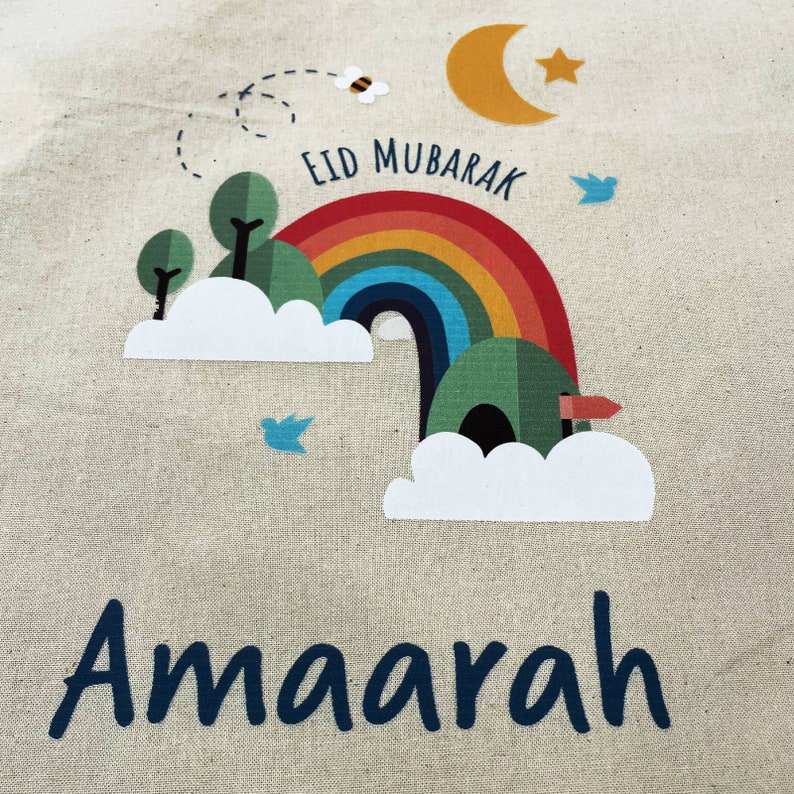 Personalised Eid Gift Sack | Rainbow & Trees Design Custom Name Present Bag image 3
