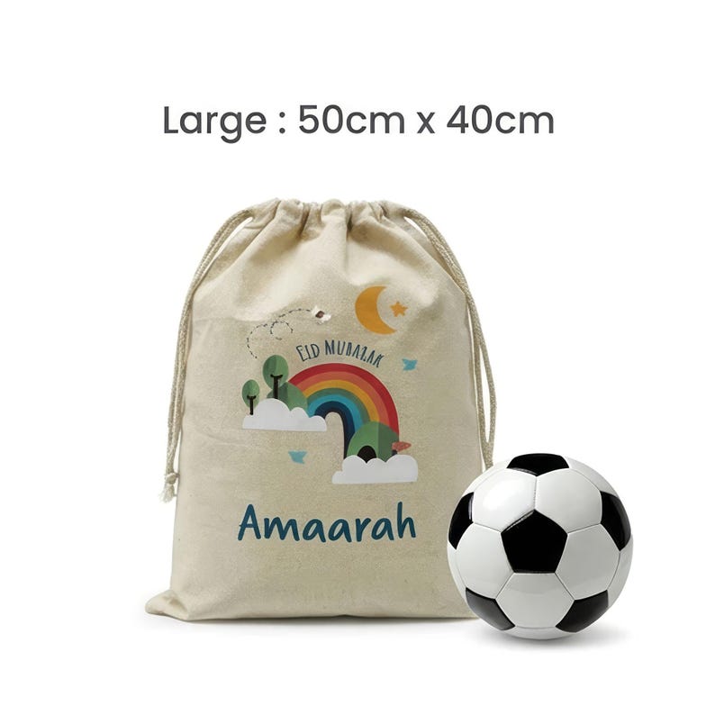 Personalised Eid Gift Sack | Rainbow & Trees Design Custom Name Present Bag Large