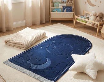 Navy Blue Kids Prayer Mat | Personalised Rainbow Salah Mat | Luxury Padded Namaz Rug for Children | Embroidered Islamic Gift