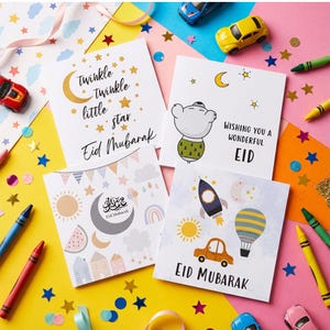 Tarjetas Eid / Paquete de 13 tarjetas de felicitación Eid Mubarak / Aptas para niños