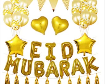 Eid Mubarak-ballonset | Goud met vlaggen en harten