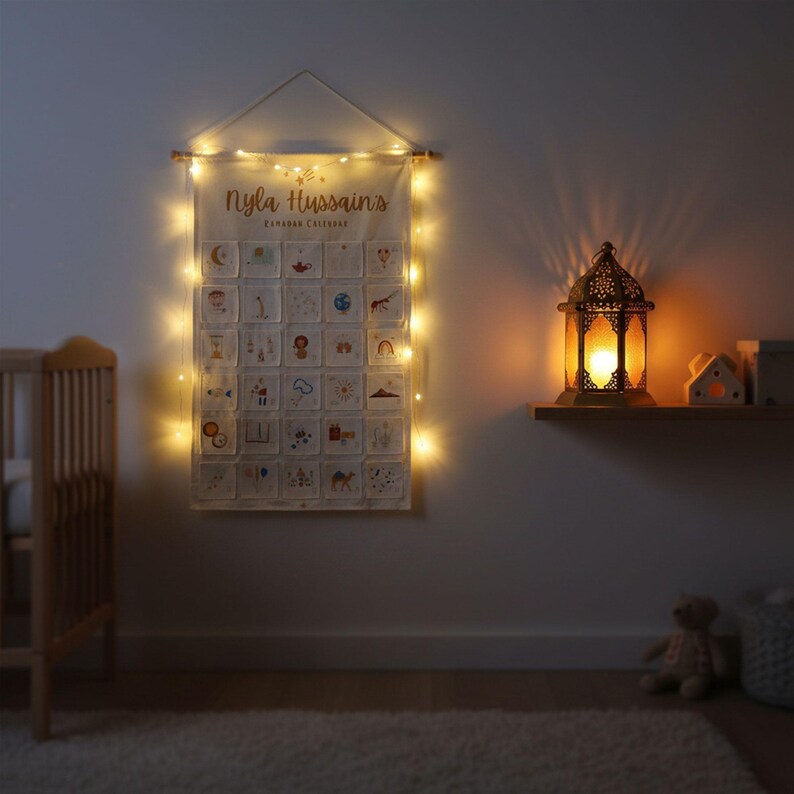 May include: A Ramadan calendar with the name "Nyla Hussain's" and the words "Ramadan Calendar" in gold lettering. The calendar is decorated with small illustrations and fairy lights. A decorative lantern and a crib are also visible.