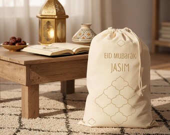 Personalised Eid Sack – Gold Moroccan Diamond Design | Custom Eidi Gift Bag