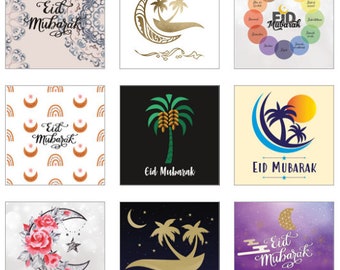 Op de afbeelding: Negen verschillende ontwerpen voor wenskaarten met verschillende illustraties van palmbomen, halve manen en de tekst "Eid Mubarak".
