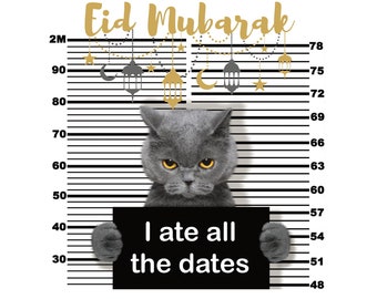 Op de afbeelding: Een grijze kat met een boze blik houdt een zwart bord vast met de tekst "I ate all the dates". Boven de kat staat "Eid Mubarak" in goud, met hangende lantaarns en sterren. De achtergrond heeft zwart-witte lijnen.