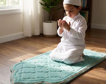 Luxus Mintgrün Kinder Gebetsmatte | Rauten Design | Personalisierte Islamische Salah Mat