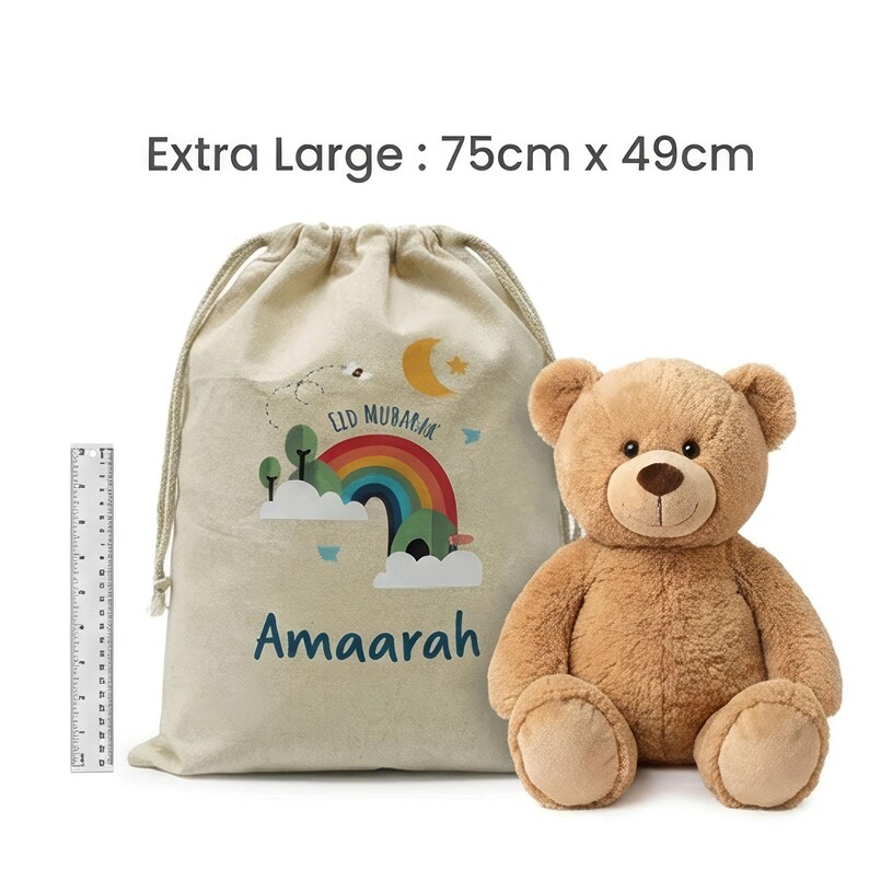 Personalised Eid Gift Sack | Rainbow & Trees Design Custom Name Present Bag Extra Large