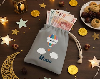 Personalised Eid Money Pouch – Grey Hot Air Balloon | Eid Eidi Gift | Money Holder