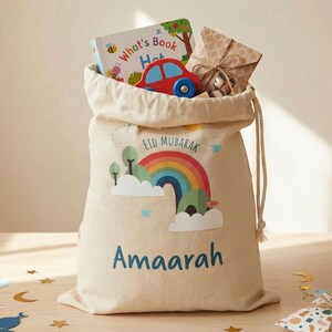 Personalised Eid Gift Sack | Rainbow & Trees Design Custom Name Present Bag image 2
