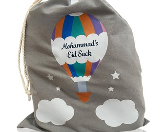 Personalised Grey Eid Sack with Hot Air Balloon