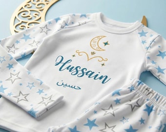 Pigiama Eid per bambini / Mezzaluna blu personalizzata / Nome arabo e inglese personalizzato / Regalo perfetto per Eid