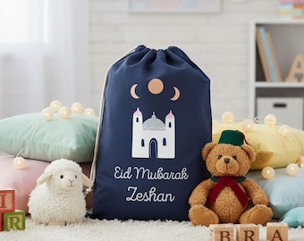 Personalised Navy Eid Sack with Mosque Design – Custom Cotton Eid Gift Bag for Children & Family