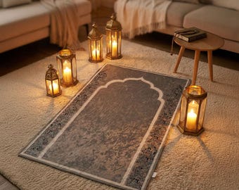 Erwachsene Grau Minarett Crushed Samt Gebetsmatte | Exklusive Salat Matte | Elegantes Islamisches Geschenk