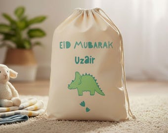 Personalised Eid Sack with Dinosaur | Kids Eid Gift Bag | Cotton Hessian Style | Reusable Eid Treat Sack