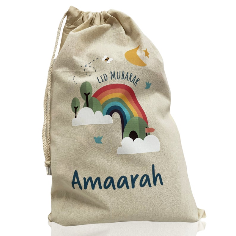 Personalised Eid Gift Sack | Rainbow & Trees Design Custom Name Present Bag image 5