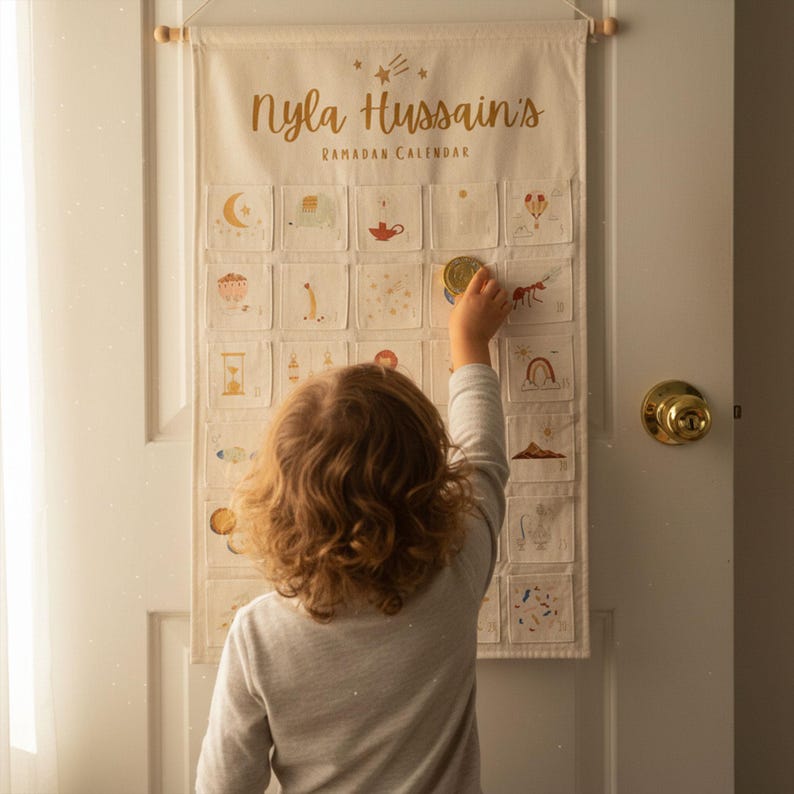 May include: A beige Ramadan calendar with the name "Nyla Hussain's" in gold script. The calendar has small pockets with illustrations. A child reaches for a coin on the calendar. The calendar hangs on a white door.