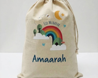 Personalised Eid Gift Sack | Rainbow & Trees Design Custom Name Present Bag
