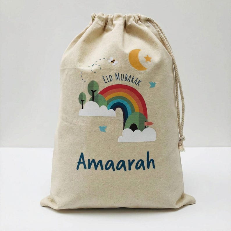 Personalised Eid Gift Sack | Rainbow & Trees Design Custom Name Present Bag image 1