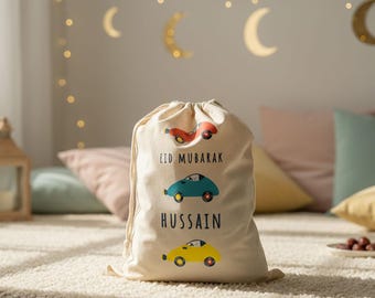 Personalised Eid Sack for Kids | Colourful Cars Design | Custom Name Cotton Gift Bag