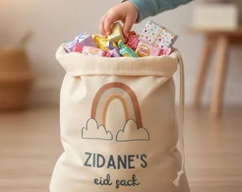Personalised Eid Sack with Rustic Rainbow – Custom Cotton Eid Gift Bag