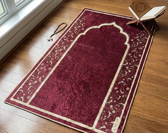 Sabella Maroon Prayer Mat | Adults Luxury Salah Mat | Velvet Namaz Rug | Islamic Gift