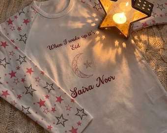 Pigiama personalizzato "Quando mi sveglio è Eid" / Pigiama Eid con luna e stelle / Abbigliamento da notte per bambini Eid / Pigiama Eid con nome personalizzato