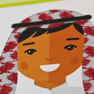 May include: Illustration of a smiling person wearing a traditional headdress. The person has orange skin, black hair, and a white shirt. The headdress is white with a red pattern and a black band.
