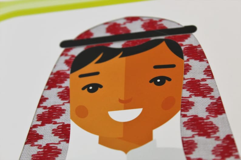 May include: Illustration of a smiling person wearing a traditional headdress. The person has orange skin, black hair, and a white shirt. The headdress is white with a red pattern and a black band.