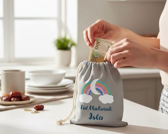 Personalised Eid Money Pouch | Grey Rainbow Design | Eidi Gift Bag | Eid Gift for Kids