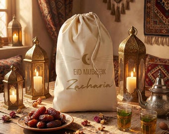 Personalised Eid Mubarak Gift Sack – Crescent Moon Design | Custom Name Eid Bag