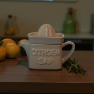 May include: A white ceramic citrus juicer with the text "CITROEN SAP" embossed on the side. The juicer has a built-in spout and handle, and a ridged reamer for extracting juice. The juicer is sitting on a wooden surface.