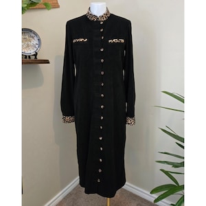 Vintage Black Long-Sleeve Coat with Leopard Trim