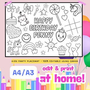 Personalized Girl&#39;s Birthday Coloring Placemat: Printable Party Activity (PDF Download) A4/A3 size