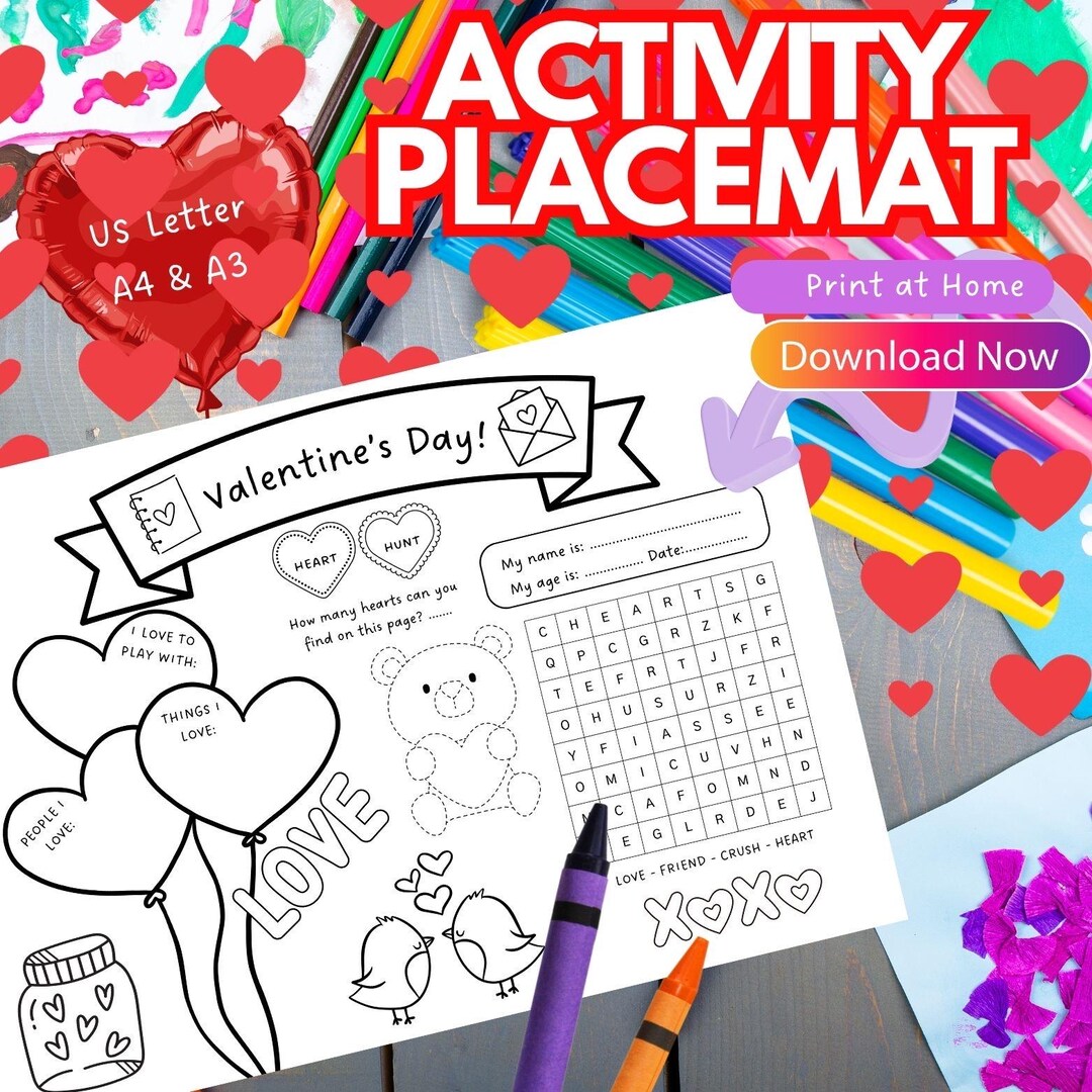 Valentine's Day Kids Coloring Placemat – Printable Party Activity (PDF ...
