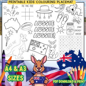 May include: A printable kids' coloring placemat featuring Australian-themed illustrations. Includes a kangaroo, flag, and the words "AUSSIE AUSSIE AUSSIE!" in a black and white design. Also includes the text "A4 & A3 SIZES" and "PDF DOWNLOAD & PRINT".