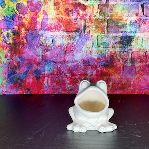 Könnte beinhalten: Ein weißer Keramik-Frosch-Pflanztopf mit offenem Mund und hohlem Innenraum. Der Pflanztopf hat detaillierte Merkmale, einschließlich Augen, Füße und eine strukturierte Oberfläche. Der Hintergrund ist ein farbenfrohes abstraktes Design mit einem Ziegelmuster.