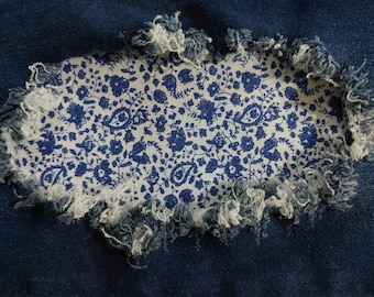 Floral Blue on White Patch, iron on patches for jeans, easy to apply patch, jean repair, fabric patches, handmade
