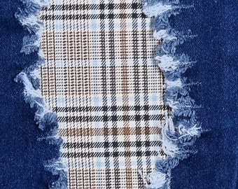 Parche de cuadros beige y azul - parche termoadhesivo para jeans - parche fácil de aplicar - reparación de jeans - parches de tela - hecho a mano - Parche para jeans