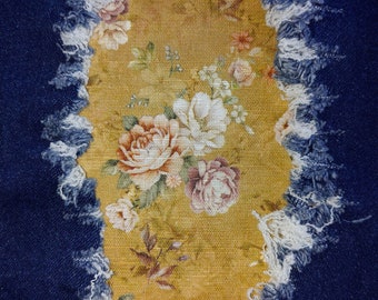 Antique Mustard Floral Linen Patch, iron on patches for jeans, easy to apply patch, jean repair, fabric patches, handmade