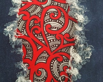 Parche tribal maorí rojo, parches termoadhesivos para jeans, parches fáciles de aplicar, reparación de jeans, parches de tela, hecho a mano, tendencia, nuevo estilo, reciclaje